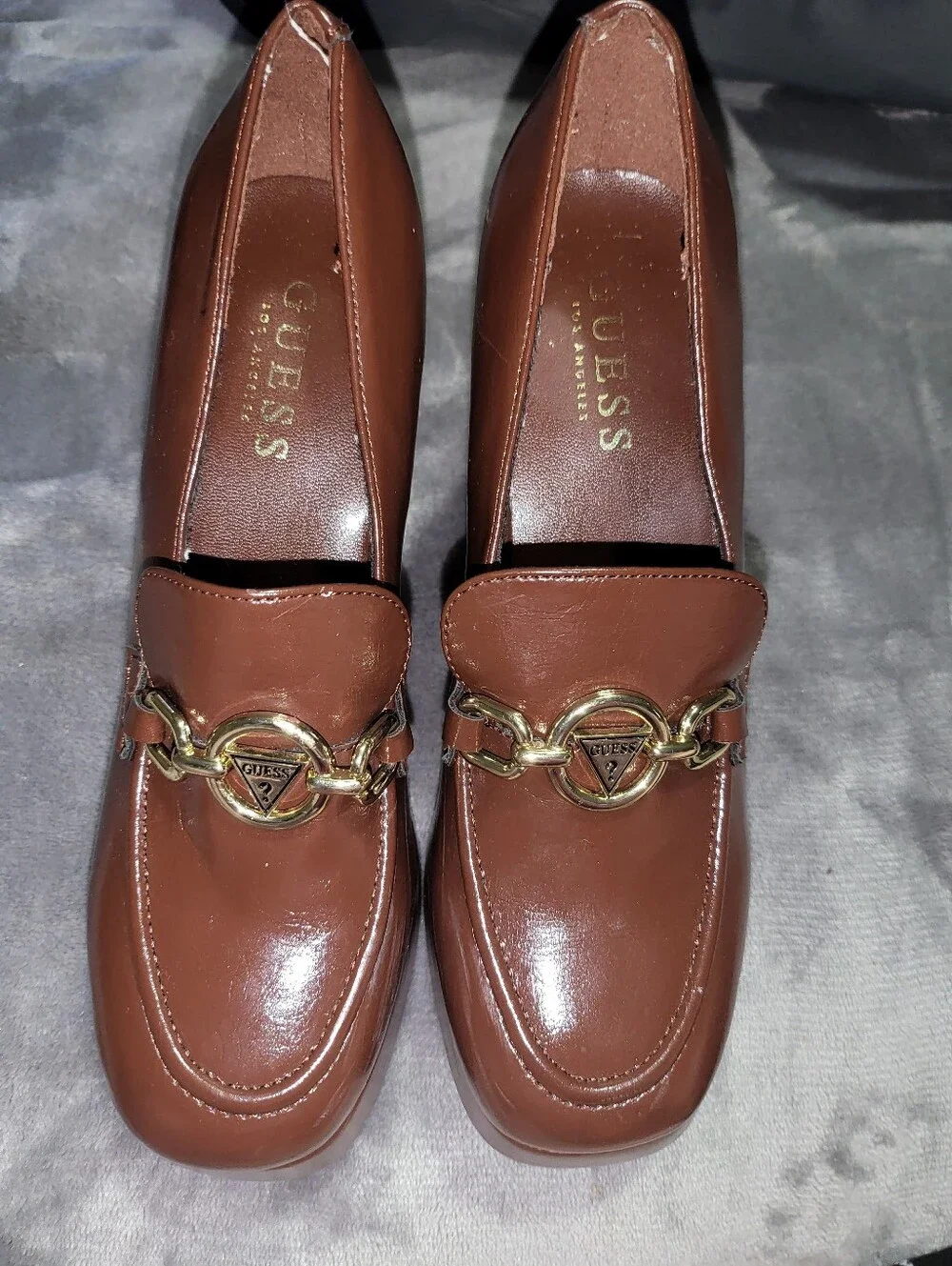 GUESS Brown Leather Chain-Detail Loafers